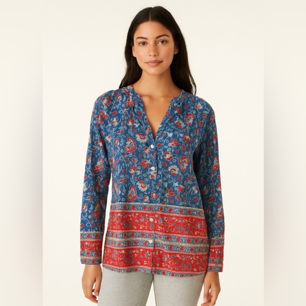 Floral Blue and Red Button Down Shirt - Picture 2 of 9